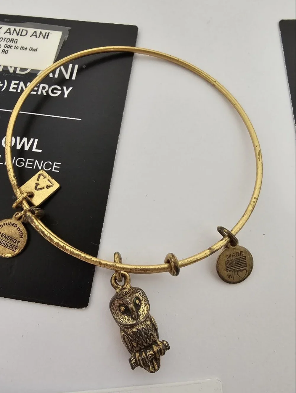 Alex and Ani #3 Gold Tone, Ode to the Owl, Friend Charm & Woven Bracelet Bangles